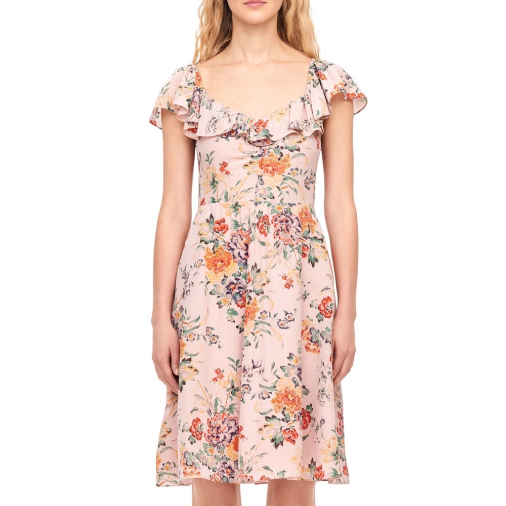 Rebecca Taylor Marlena pink green yellow floral print silk ruffle neckline dress - Picture 2 of 13